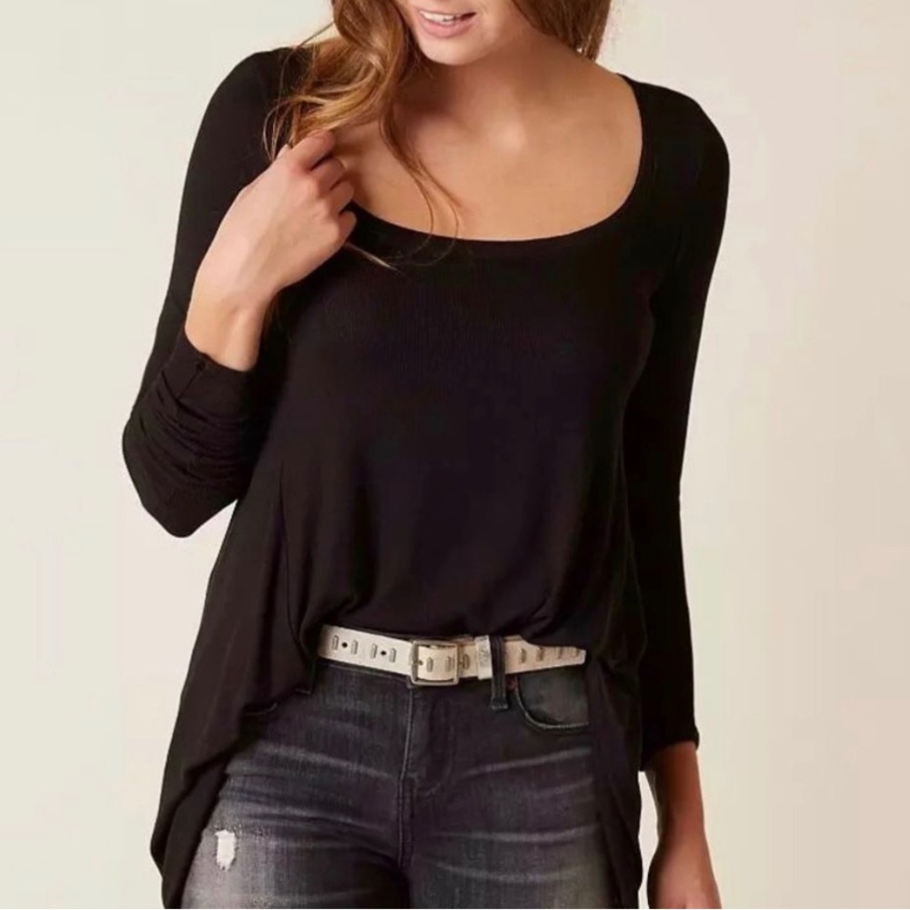 Free People Women Rayon Black Ribbed Scoop Neck Knit Tunic Sweater Size XS